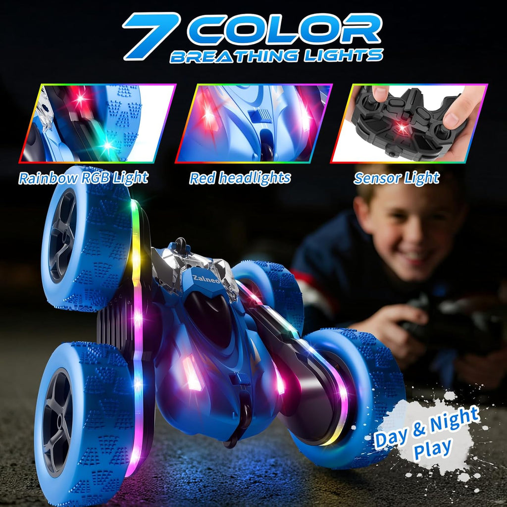 4WD 360° Flip Double-Sided Remote Control Stunt Car with LED Light Bar and USB-C Modular Battery, Off-Road Vehicle for Boys Ages 6-12, Ideal Birthday Gift, Black-Green