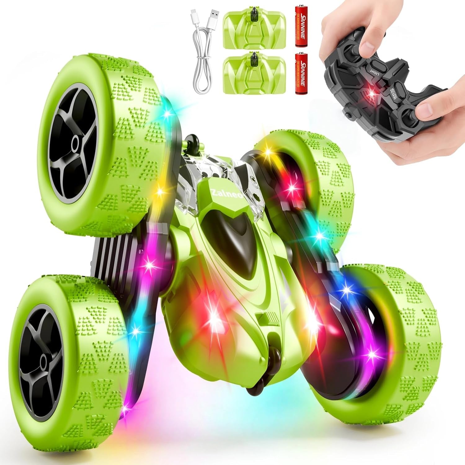 4WD 360° Flip Double-Sided Remote Control Stunt Car with LED Light Bar and Modular USB-C Battery, 2.4 GHz Off-Road Toy for Ages 6-12, Green