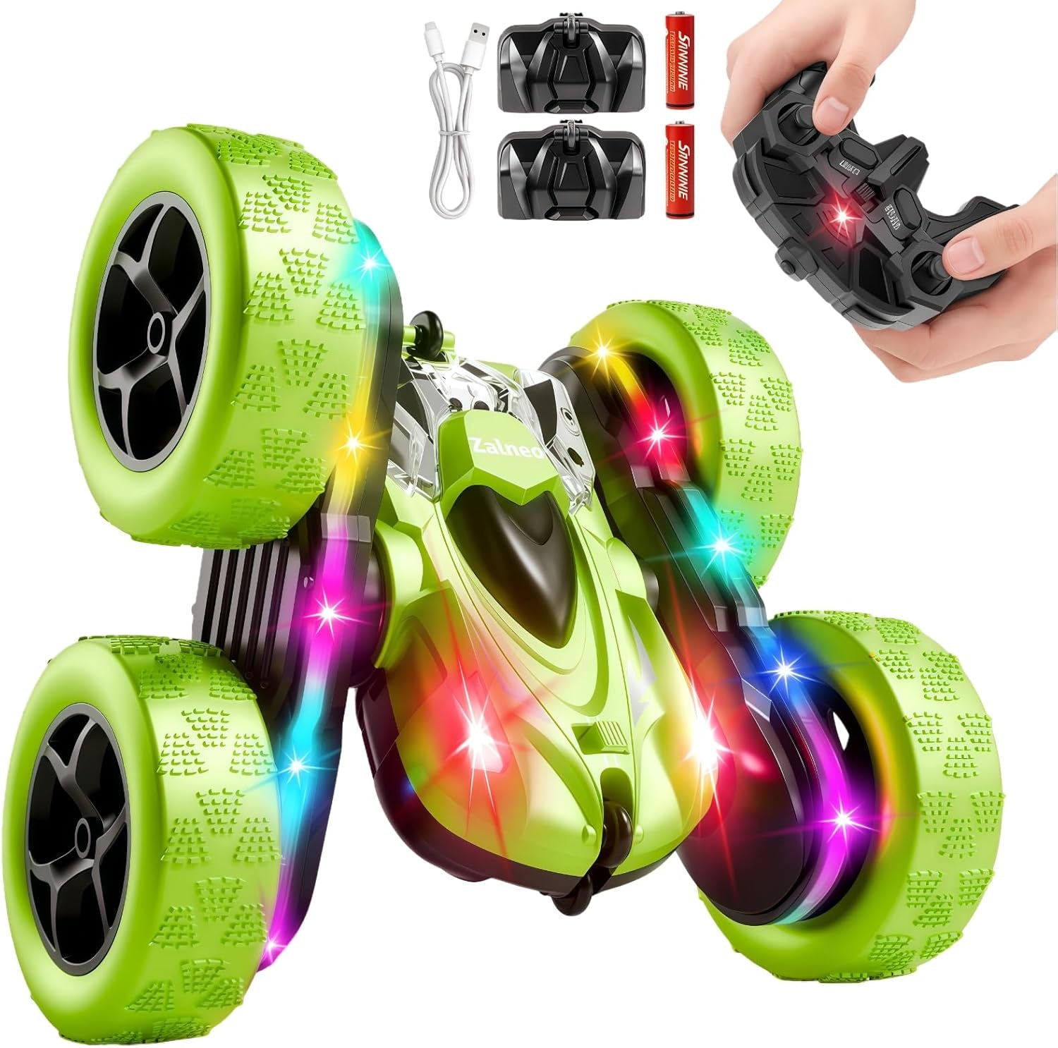 4WD 360° Flip Double-Sided Remote Control Stunt Car with LED Light Bar and USB-C Modular Battery, Off-Road Vehicle for Boys Ages 6-12, Ideal Birthday Gift, Black-Green