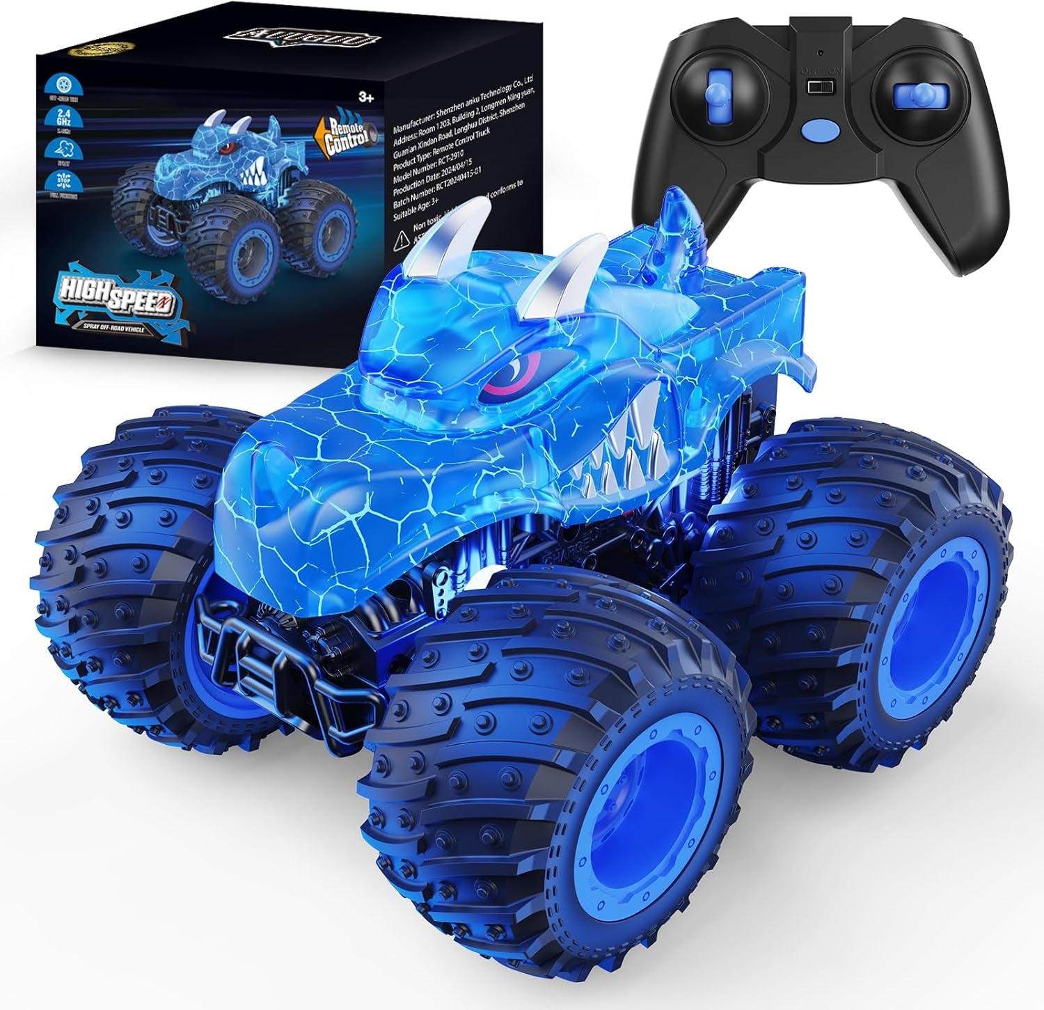 AUUGUU 2.4GHz Remote Control Monster Truck with Light Spray - All Terrain RC Car for Children Ages 3 and Up - Ideal Birthday Gift for Boys and Girls