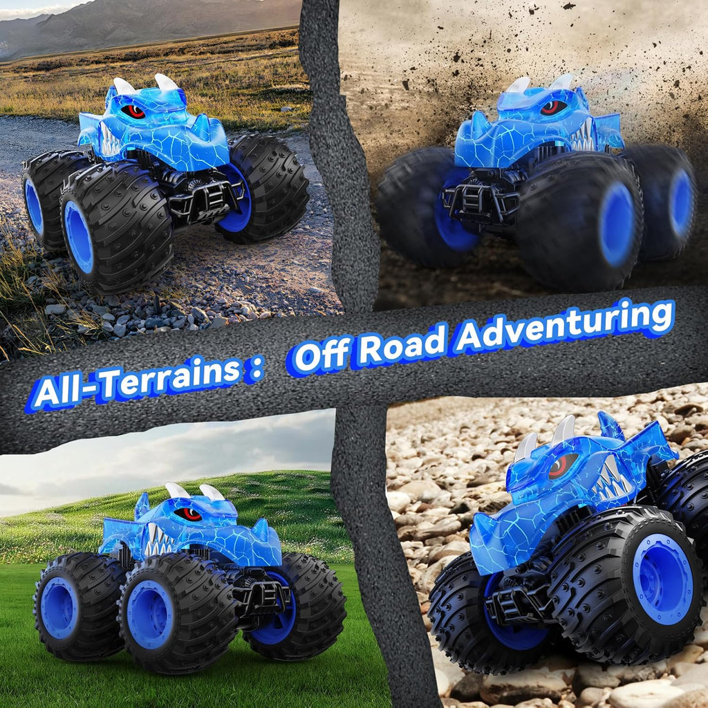 AUUGUU 2.4GHz Remote Control Monster Truck with Light Spray - All Terrain RC Car for Kids Ages 3 and Up (Dinosaur-Green) - Ideal Birthday Gift for Boys and Girls