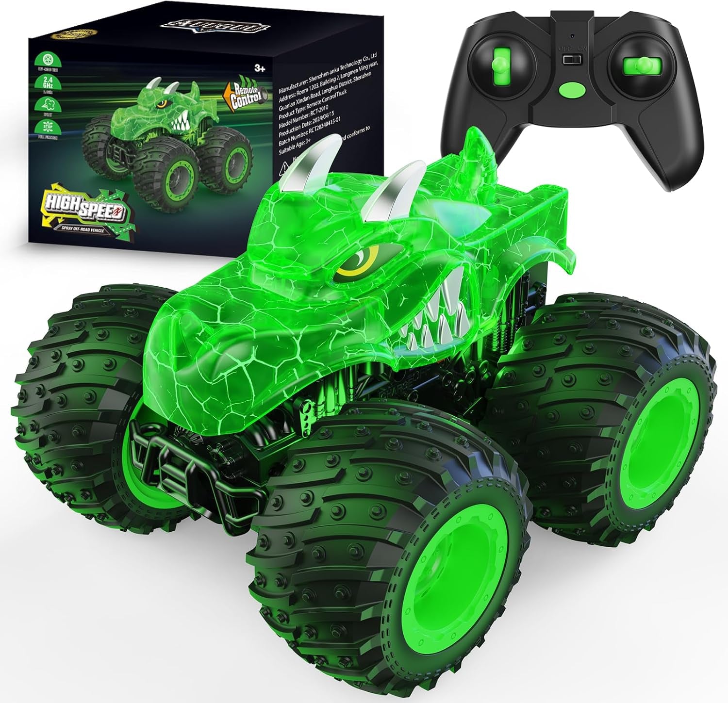 AUUGUU 2.4GHz Remote Control Monster Truck with Light Spray - All Terrain RC Car for Kids Ages 3 and Up (Dinosaur-Green) - Ideal Birthday Gift for Boys and Girls