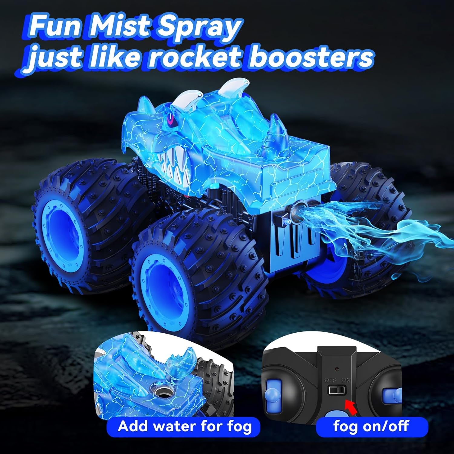 AUUGUU 2.4GHz Remote Control Monster Truck with Light Spray - All Terrain RC Car for Children Ages 3 and Up - Ideal Birthday Gift for Boys and Girls