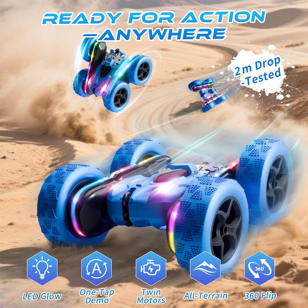 4WD 360° Flip Double-Sided Remote Control Stunt Car with LED Light Bar and Modular USB-C Battery, 2.4 GHz Off-Road Toy for Ages 6-12, Green