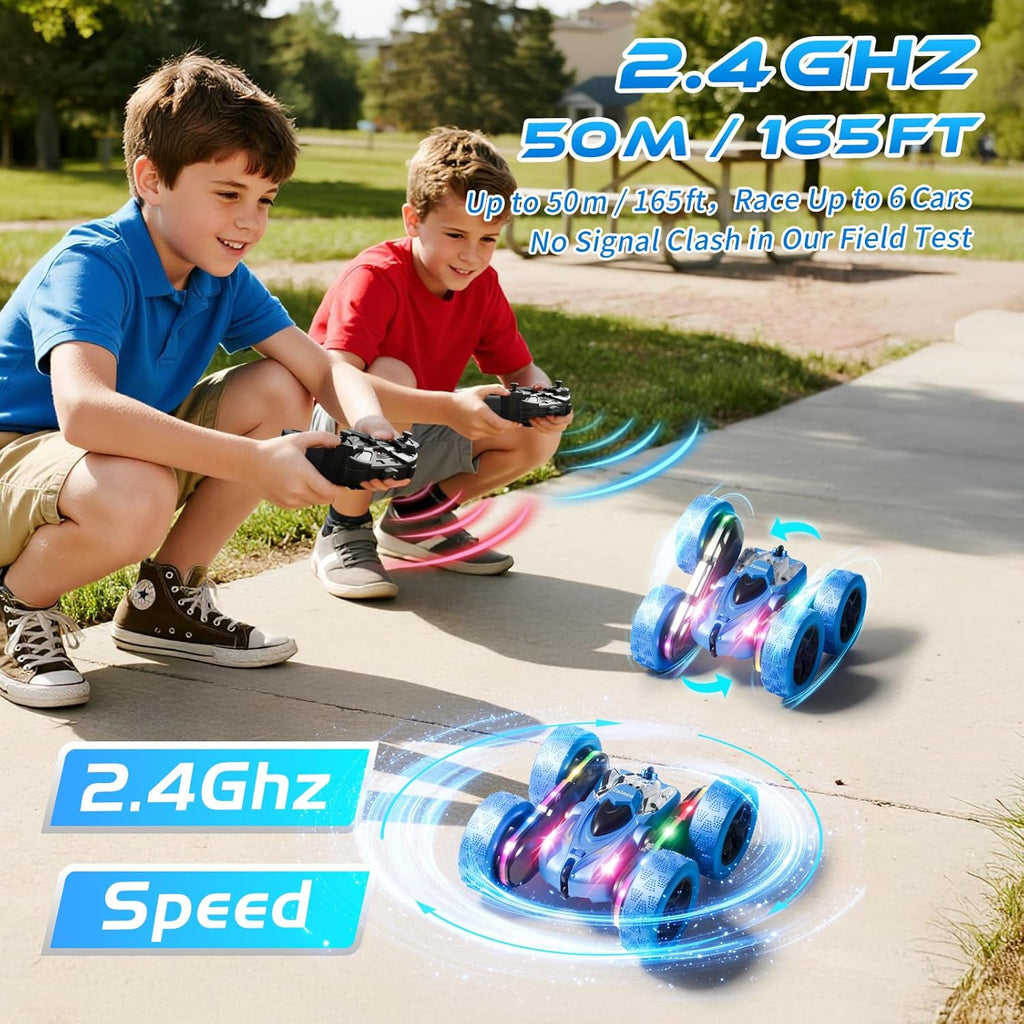 4WD 360° Flip Double-Sided Remote Control Stunt Car with LED Light Bar and USB-C Modular Battery, Off-Road Vehicle for Boys Ages 6-12, Ideal Birthday Gift, Black-Green