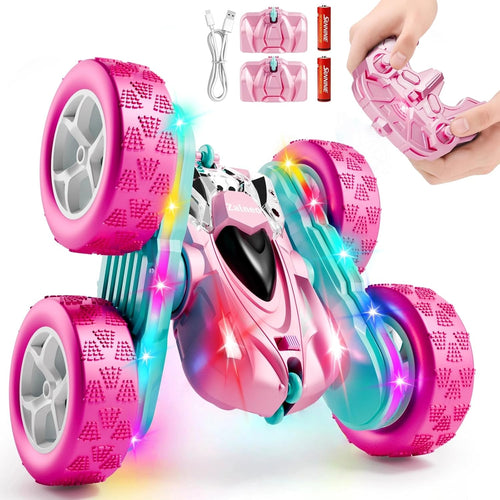 4WD Pink Remote Control Car with 360° Flip, Double-Sided LED Light Bar, and Quick-Swap USB-C Modular Battery - 2.4 GHz Interference-Free Outdoor Toy for Girls Ages 6-12