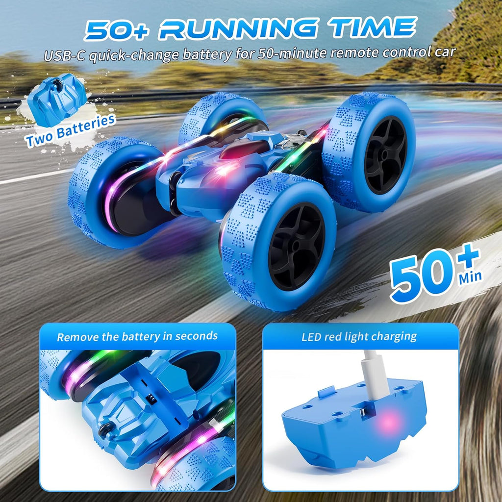 4WD 360° Flip Double-Sided Remote Control Stunt Car with LED Light Bar and Modular USB-C Battery, 2.4 GHz Off-Road Toy for Ages 6-12, Green
